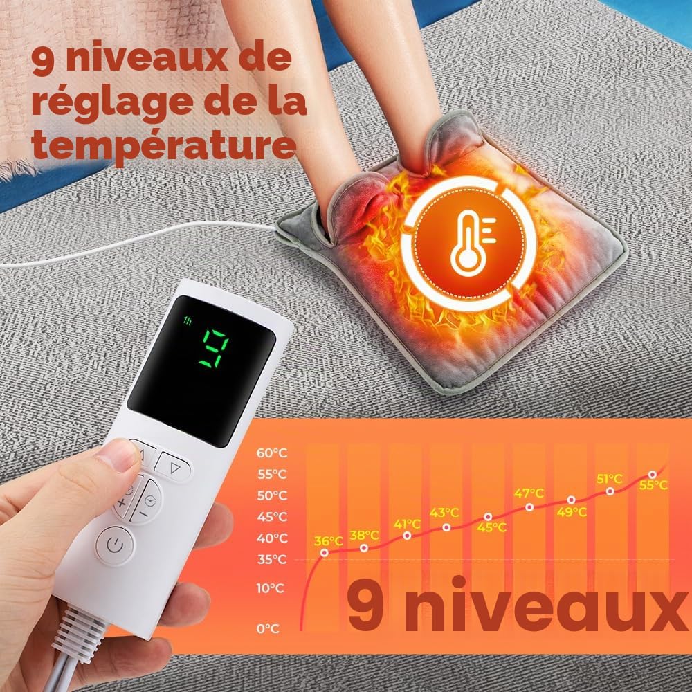 Chauffe-Pieds Electrique 40x40 cm, Coussin Chauffant avec 9 Niveaux de Chauffage & 4 Minuteries, Extinction Automatique, Lavable en Machine, Chauffage Rapide pour Pieds, Dos et Corps Entier