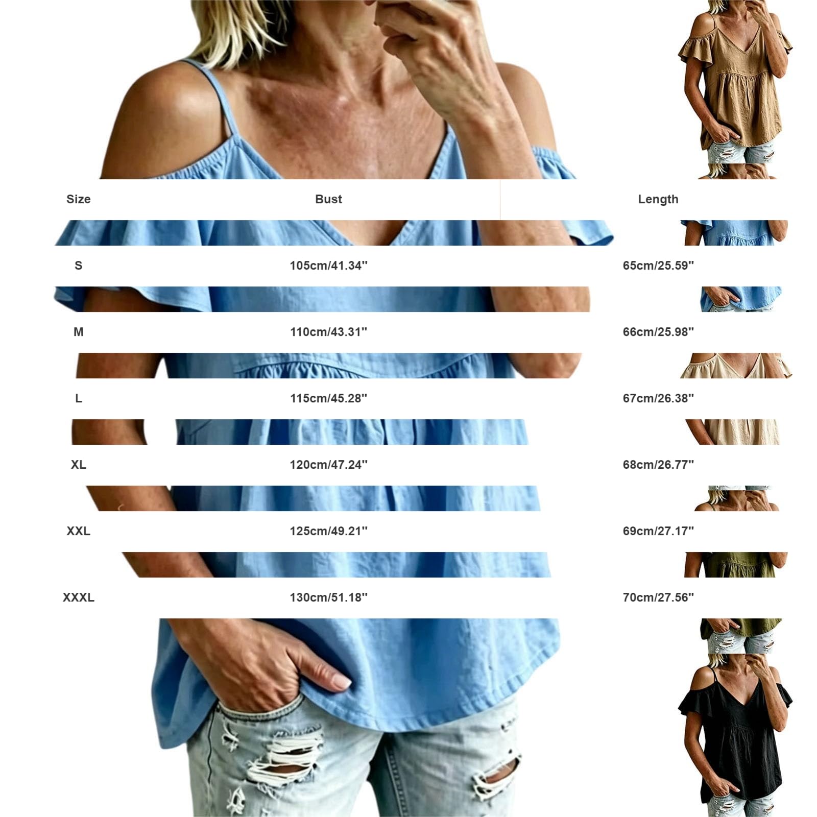 Off-Shoulder Top, V-Ausschnitt, Volantärmel | Lockerer Schnitt, Raffung, Baumwolle Leinen - Lässige Sommerbluse für Freizeit