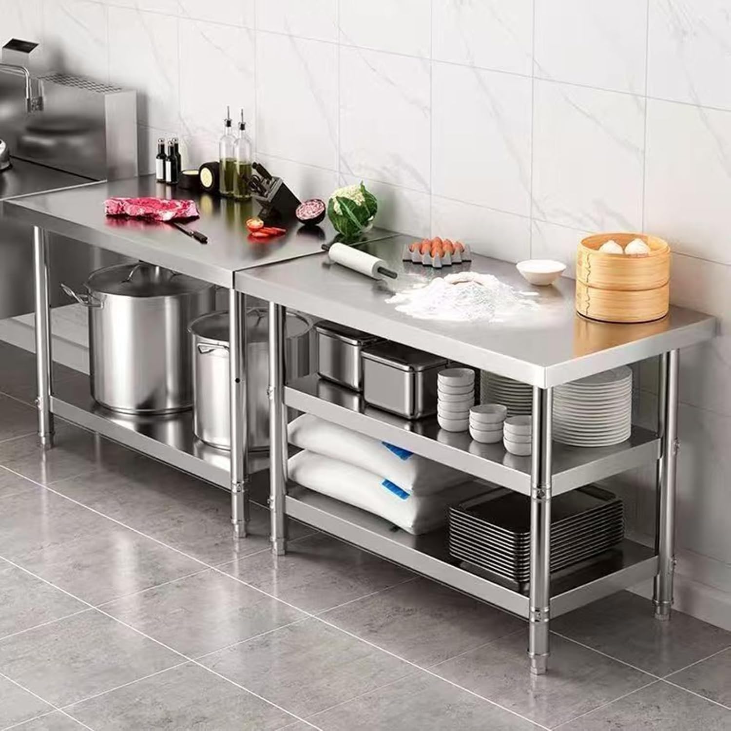Mesa De Preparación De Cocina De Acero Inoxidable De Alta Resistencia con Estante Ajustable - Isla Metálica Comercial para Restaurantes Y Cocina Silver-b 100X45cm