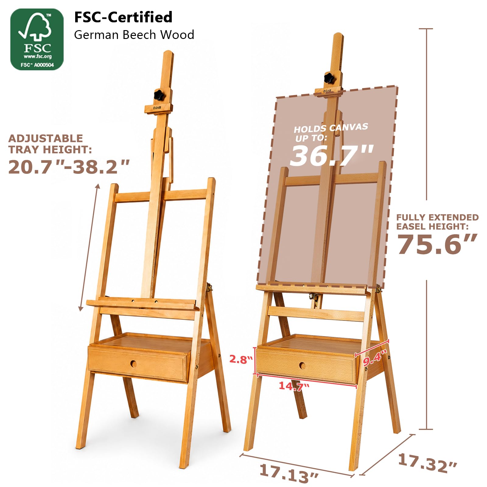 DJAR Caballete de Estudio con Cajón de Almacenamiento, Caballete de Suelo en H Ajustable de Madera de Haya Maciza, Soporta Lienzos hasta 91 cm, Natural