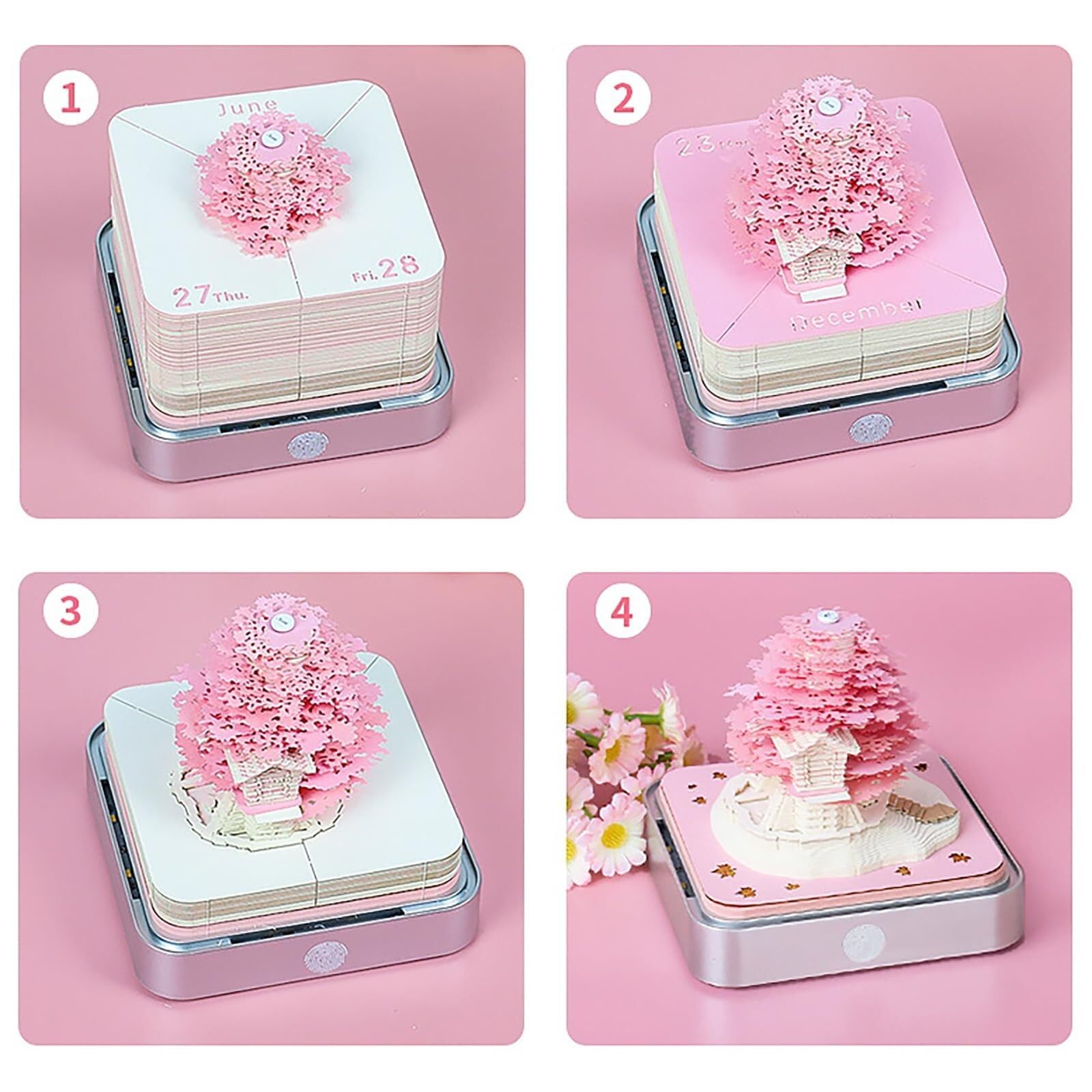 Monatlicher Tischkalender Kalender 2026, Schreibtisch-Notizblock mit 3D-Katzenmotiv aus Papier, Geschenkidee Rezeptionisten-Zubehör(Tree-B,With Light)