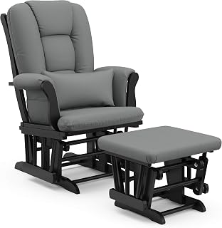 Storkcraft Tuscany Glider & Ottoman Black/Gray - GREENGUARD Gold Certified Nursery Rocking Chair with Lumbar Cushion, Solid Wood Base
