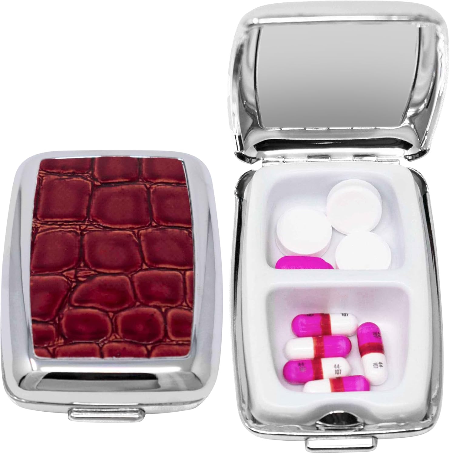Set of 2 Dual-Compartment Rectangular Pocket Purse Pill Box & Organizer with Insert (Retro Squares)