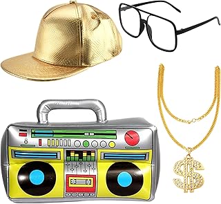 Hip Hop Costume Kit,Gold Digger Costume With Inflatable Boombox Baseball Cap Sunglasses Gold Chain 80s/ 90s Retro Rapper Outfit Accessories for DJ Rockstar Men Teen Boy Kids Adults Theme Party Cosplay - Buy now