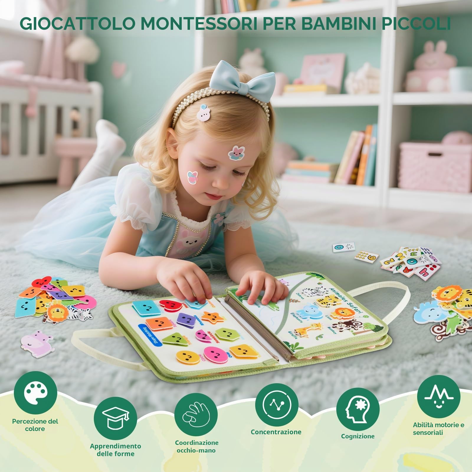 Busy Board, Libro Silenzioso Montessori Giocattolo a partire da 3 4 5 6 anni, 9 In 1 Tavola Attività per Bambini Piccoli Giocattolo Motorio, Giocattolo Educativo Sensoriale, Libro Attività, Giocattolo