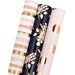 MAYPLUSS Wrapping Paper Roll - Mini Roll - 17 in X 120 in Per roll - Rose Gold Polkas Dots, Pink Foil Stripeand, Black Gold Foil Floral Design for Valentine\'s Day, Mother\'s Day, Girl Party