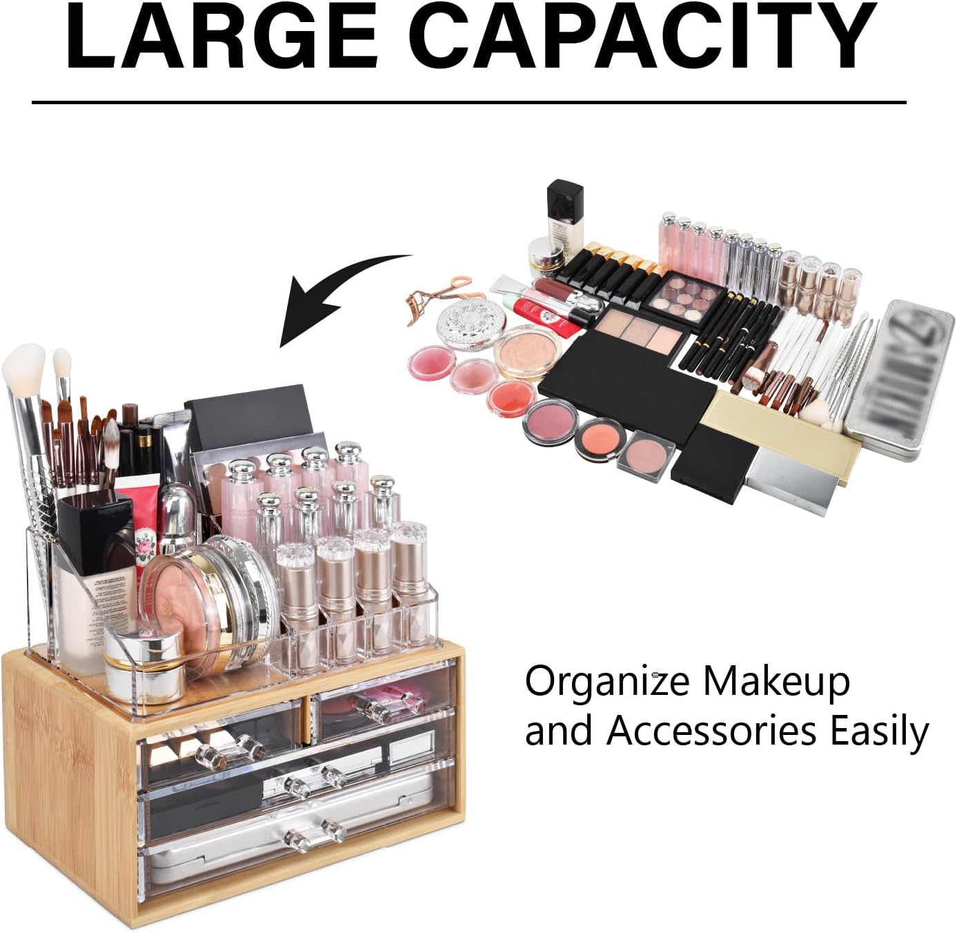Ikee Design Bamboo Acrylic Makeup Organizer with 4 Drawers and Removable Top Lipstick Holders, Ideal for Make-up or Accessories,Enhance Your Vanity or Bathroom with Clear Design for Quick Visibility