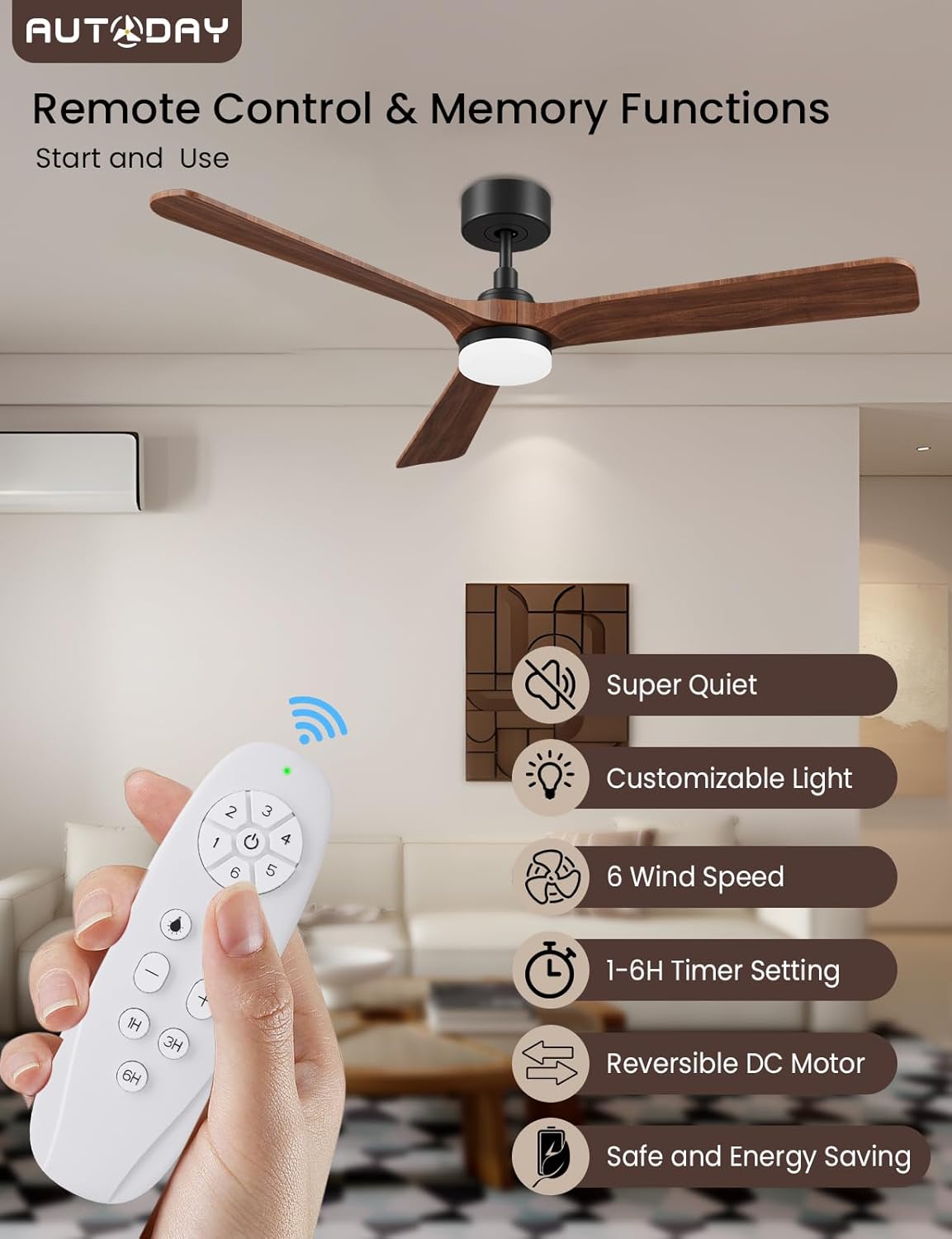 Image of the AUTODAY ceiling fan remote control and a diagram highlighting its features: Super Quiet, Customizable Light, 6 Wind Speed, 1-6H Timer Setting, Reversible DC Motor, Safe and Energy Saving.