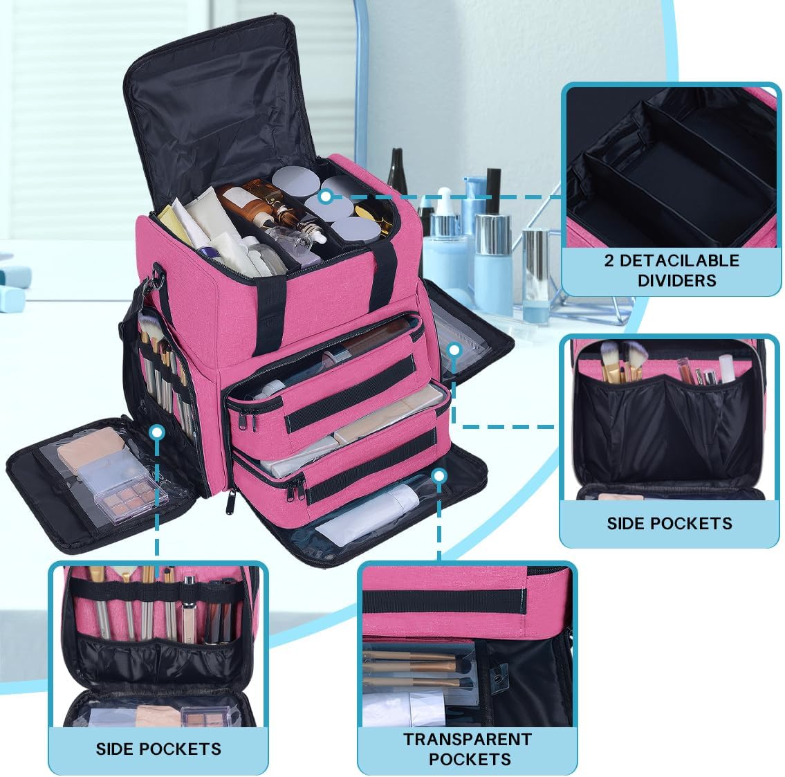 Large Makeup Bag with 2 Removable Case Multifunctional Cosmetic Bag Double Layer Travel Toiletry Organizer,Red
