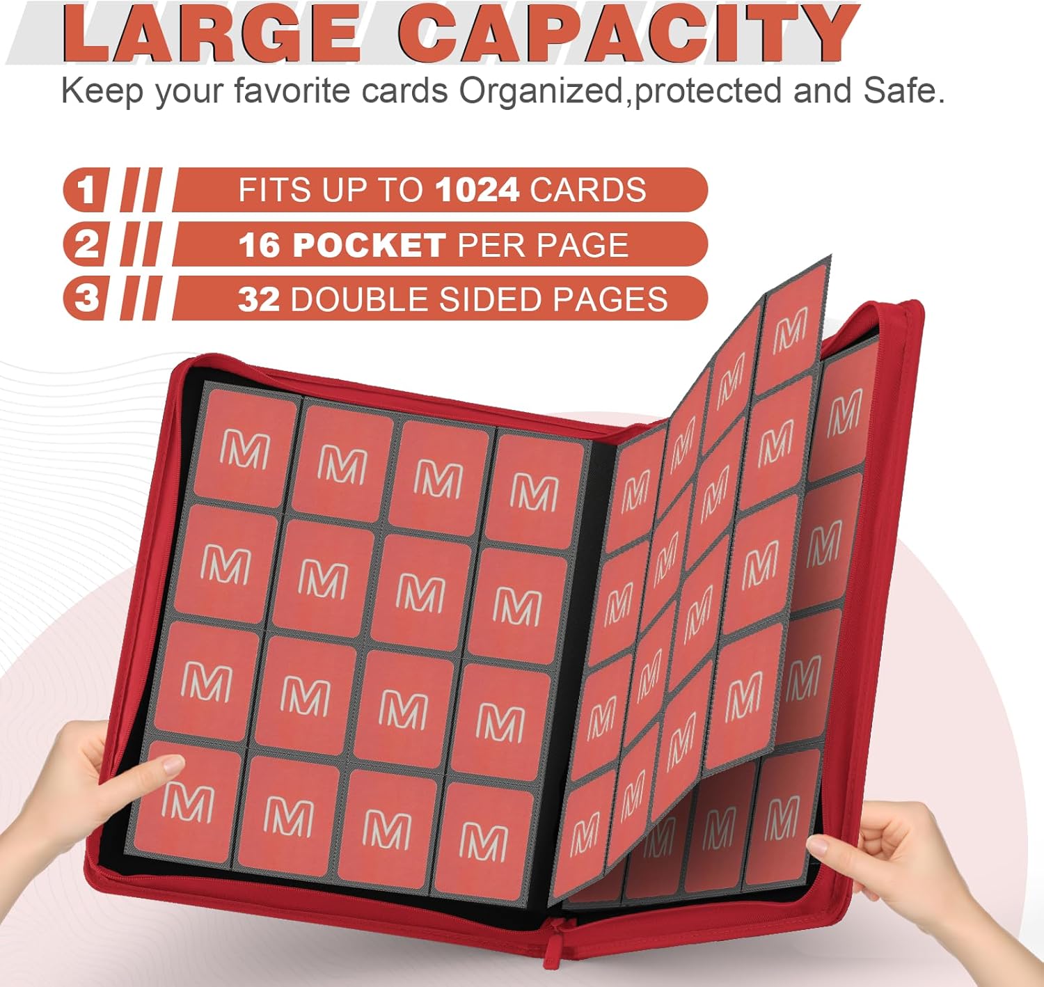 premium card binder 16 pocket,trading card binder holds up to 1000+cards sturdy card collection album, card holder folders for mtg, tcg, game cards & sports cards 16 red