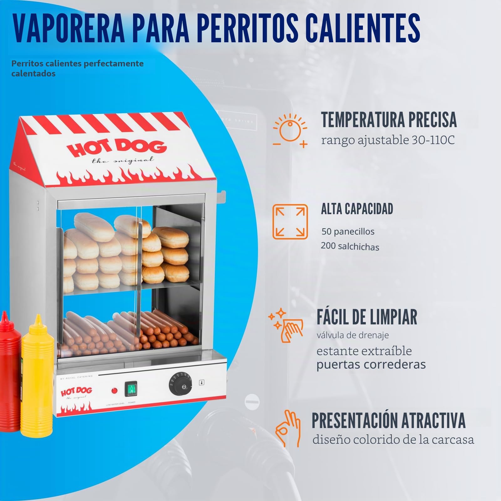 Royal Catering Máquina de Perritos Calientes al Vapor Hot-Dog Machine RCHW 2000 (2000 W, Capacidad 200 salsicce, 50 panecillos, Temperatura 30-110 °C, Válvula de desagüe) Acero inoxidable