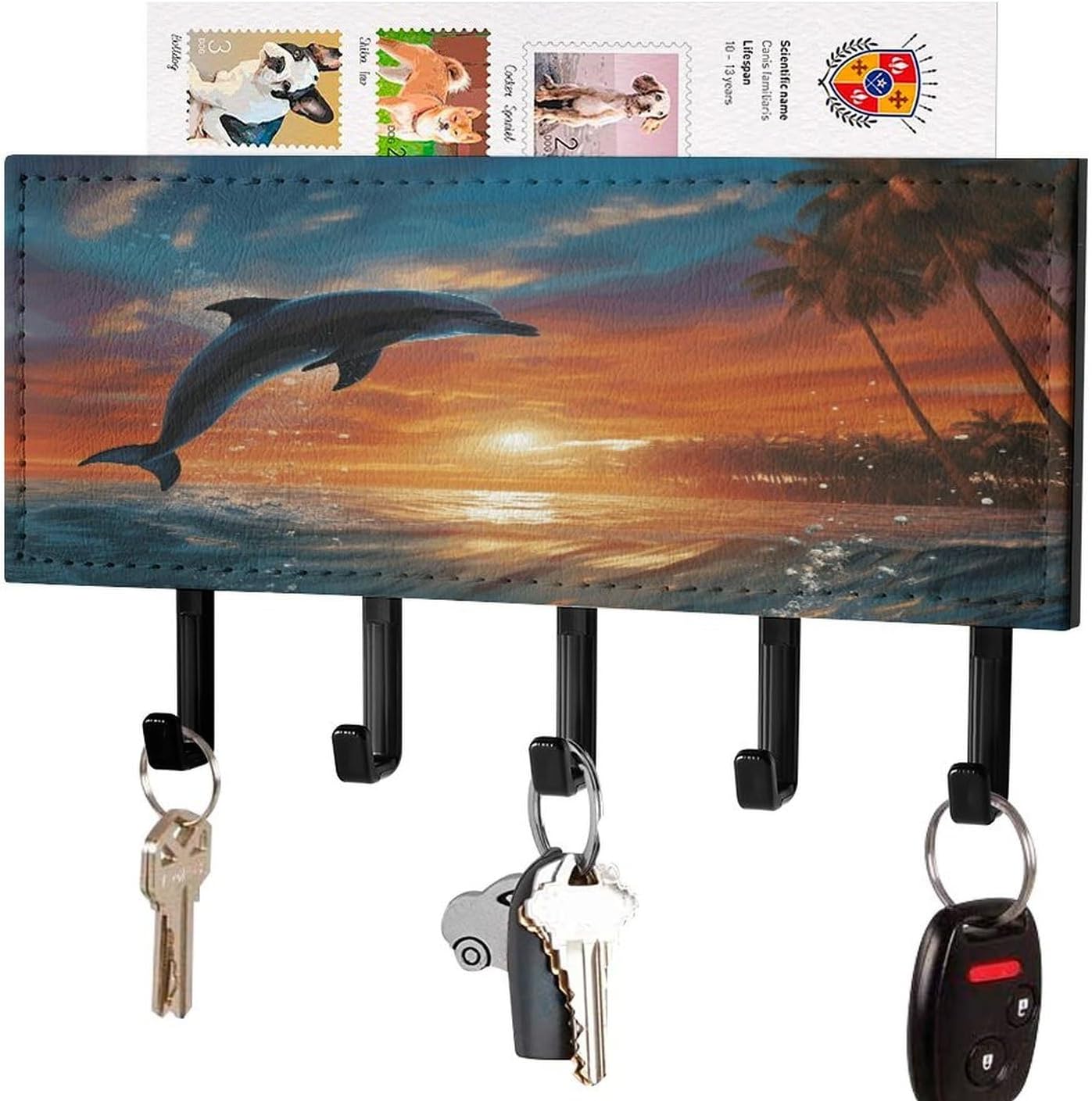 Key Holder Wall Mount Key Hanger with 5 Hooks, Decorative Key Rack | Dolphins And Palm Trees Hanging Key Hooks with Mail Organizer for Wall Living Room Kitchen Bathroom Hallway