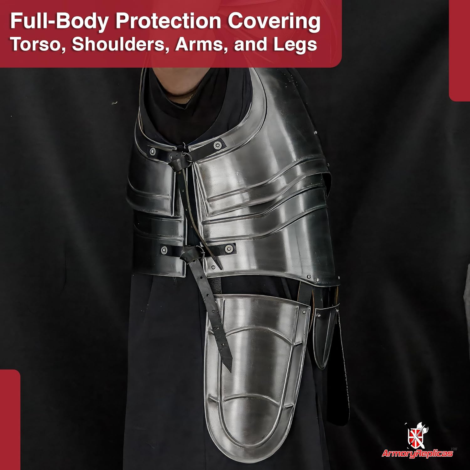 NauticalMart Medieval Jousting Knight Armor – Full Body Steel Plate Armor Suit – 18 Gauge Mild Steel with Real Leather Buckle – Authentic LARP & Reenactment Battle Armor – Renaissance Costume Gear