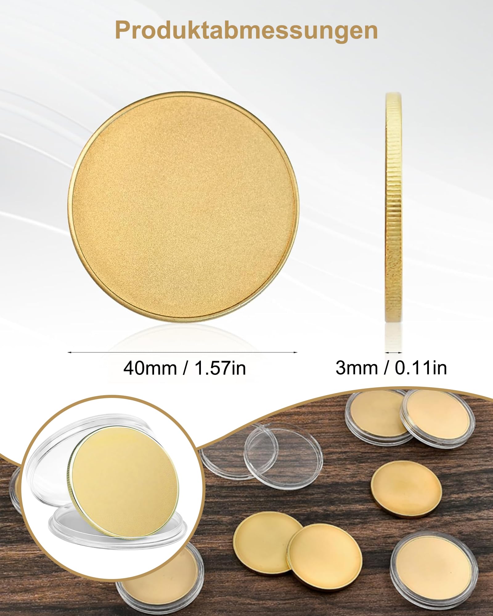20 Stück Messing Rohlinge Münze: 40mm x 3mm Massiv Messingmünzen für Lasergravur & Stempel, Blanko Challenge Coin Set mit Acryl-Schutzhüllen, DIY Münzrohlinge für Gravurprojekte