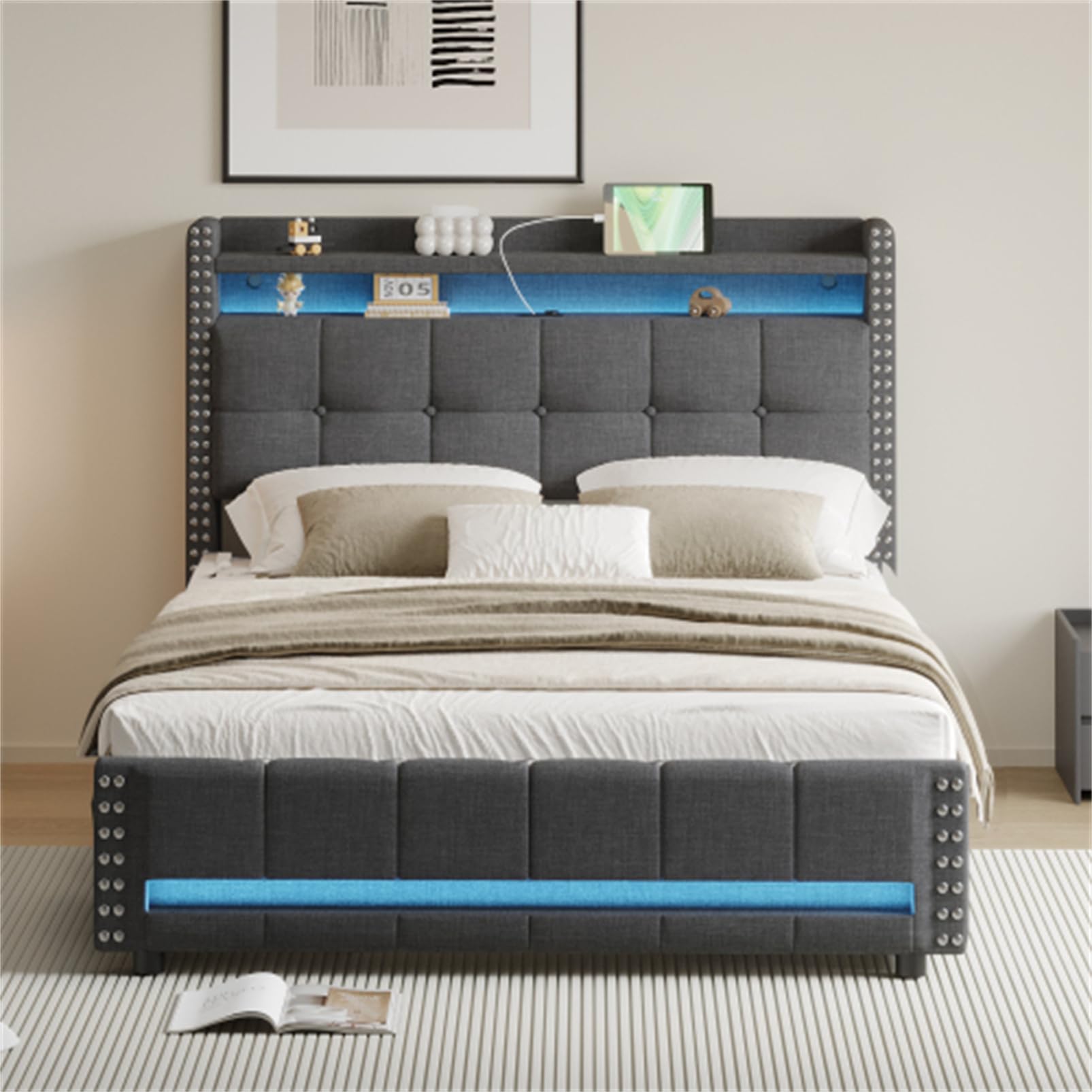 Letto imbottito con illuminazione a LED e presa USB letto matrimoniale testiera con ripiani e contenitore letto tessuto di lino per adulti familiare letti per ospiti grigio con cassetto 140x200