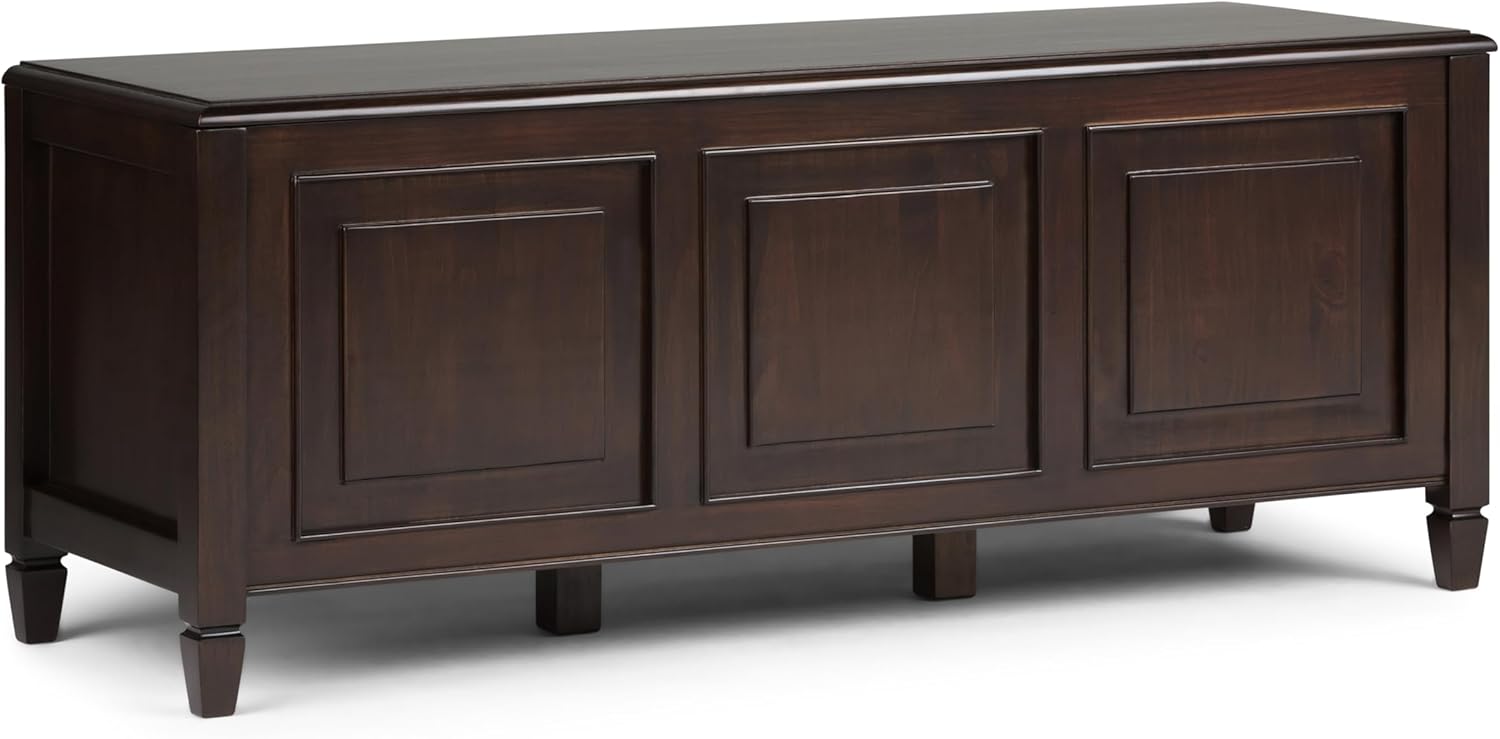SimpliHome Connaught 51" Solid Wood Storage Bench - Lift-Top Entryway Trunk with 3 Hidden Compartments, Dark Chestnut