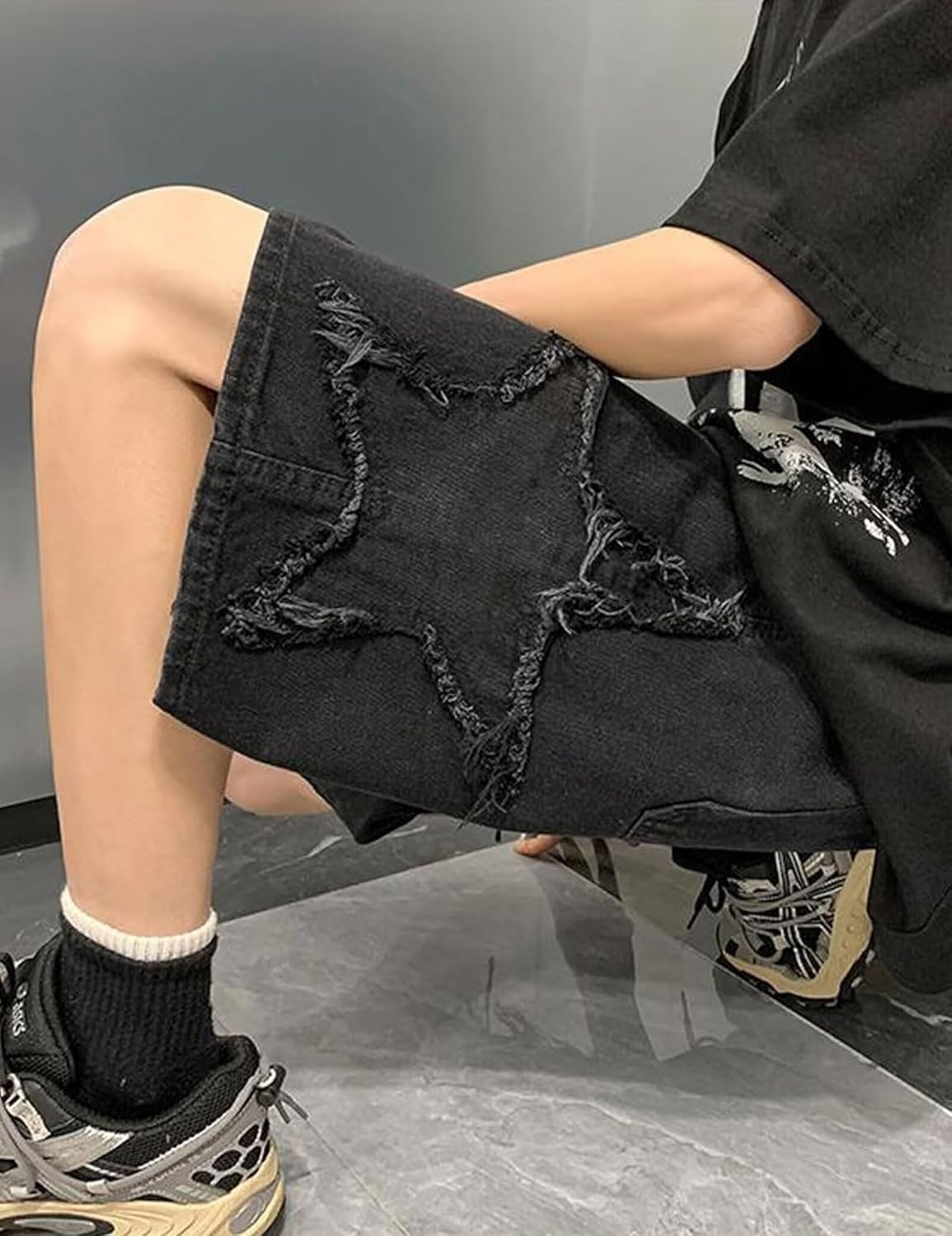 FCOOLYEET Men's Baggy Jeans Shorts Y2k Star Patchwork Denim Shorts Wide Leg Loose Hip-hop Jorts Y2k - Image 5