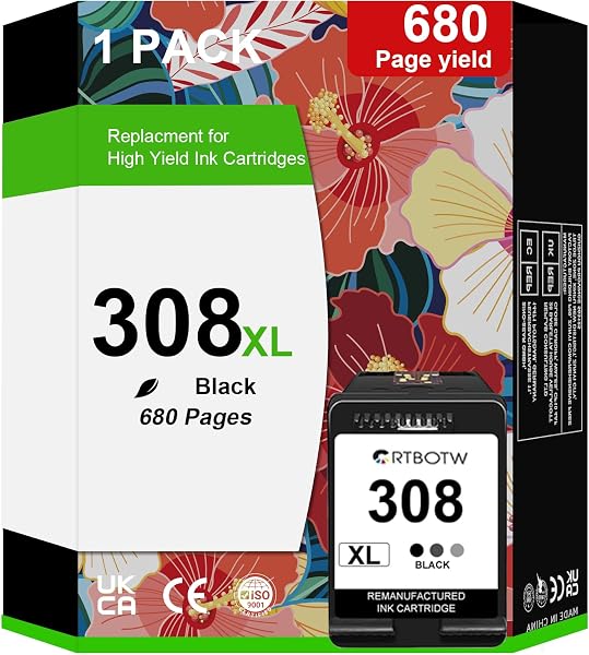 Cartucho de tinta negra HP 308 (color único) compatible con HP Envy 6110e, 6120e, 6122e, 6130, 6132e, 6532e - 1