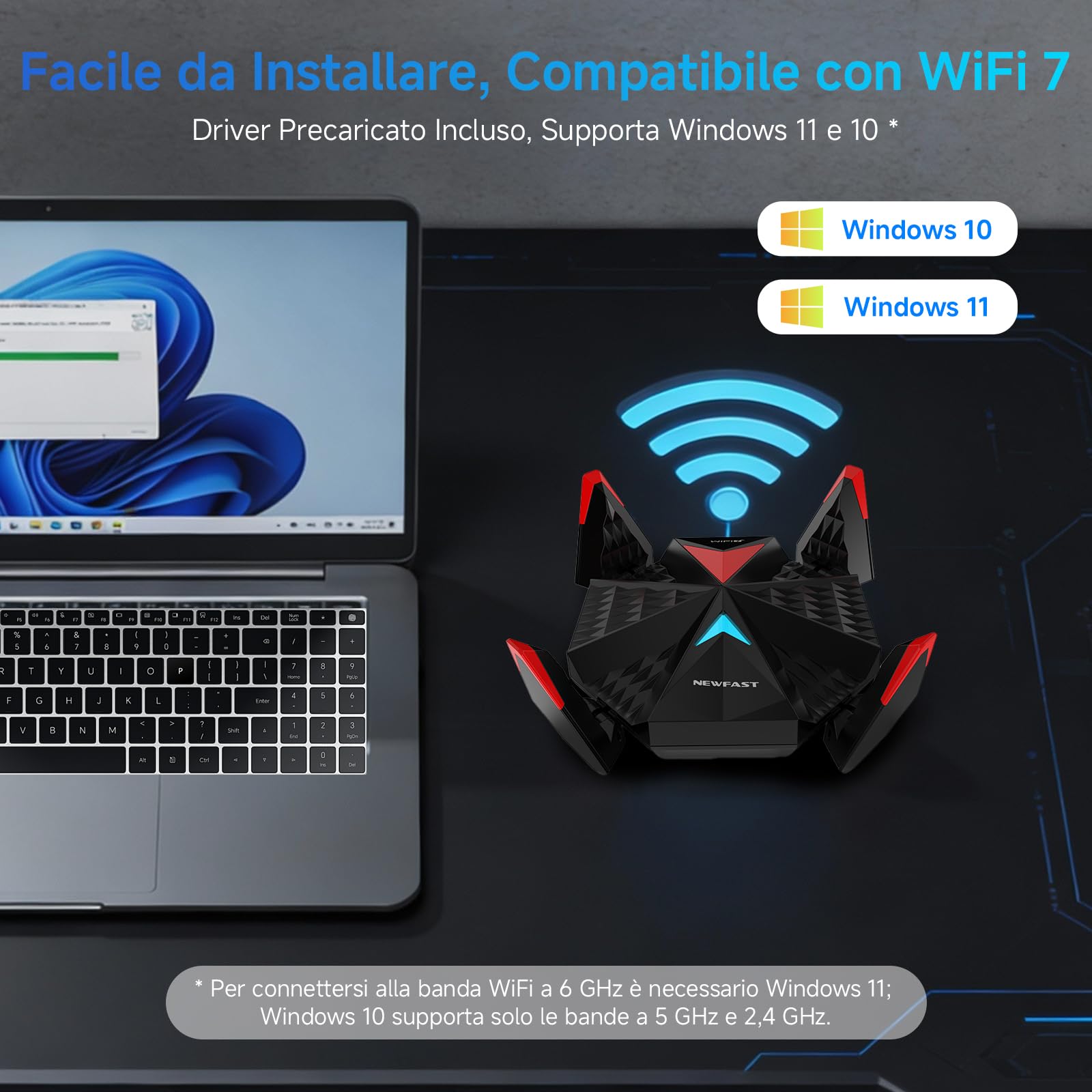 NEWFAST 6500Mbps Chiavetta WiFi per PC Fisso, USB WiFi 7 Tri-Band 2,4/5/6GHz Antenna WiFi USB con 4 * 5dBi Antenne, 4096-QAM, WPA3, Supporta Windows 11/10