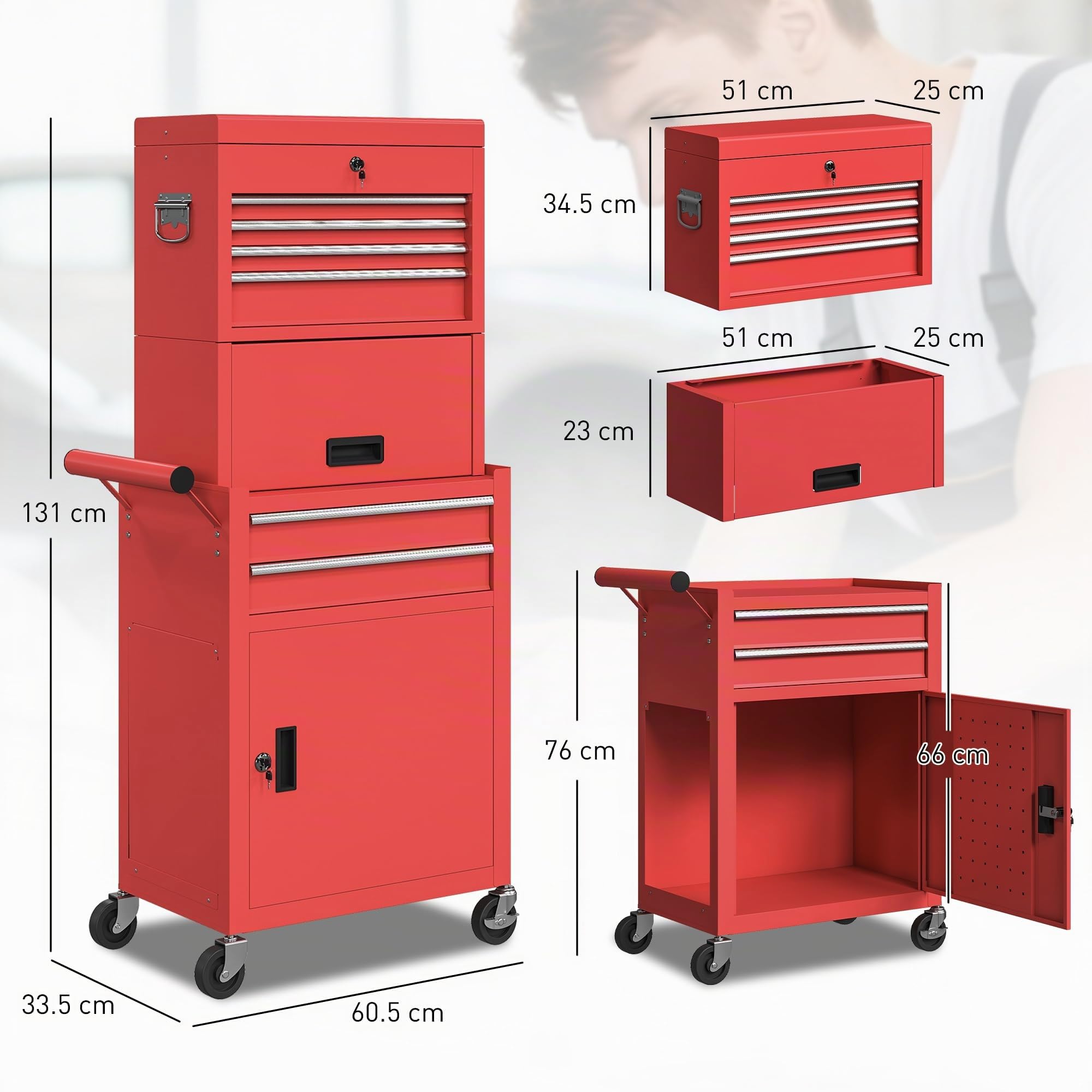 HOMCOM Carrello Porta Attrezzi in Acciaio con Serratura, 3 in 1 Carrello Portautensili da Officina con 6 Cassetti, 2 Armadi, Pannello Forato, Ruote, Maniglia, Capacità 100kg, Rosso