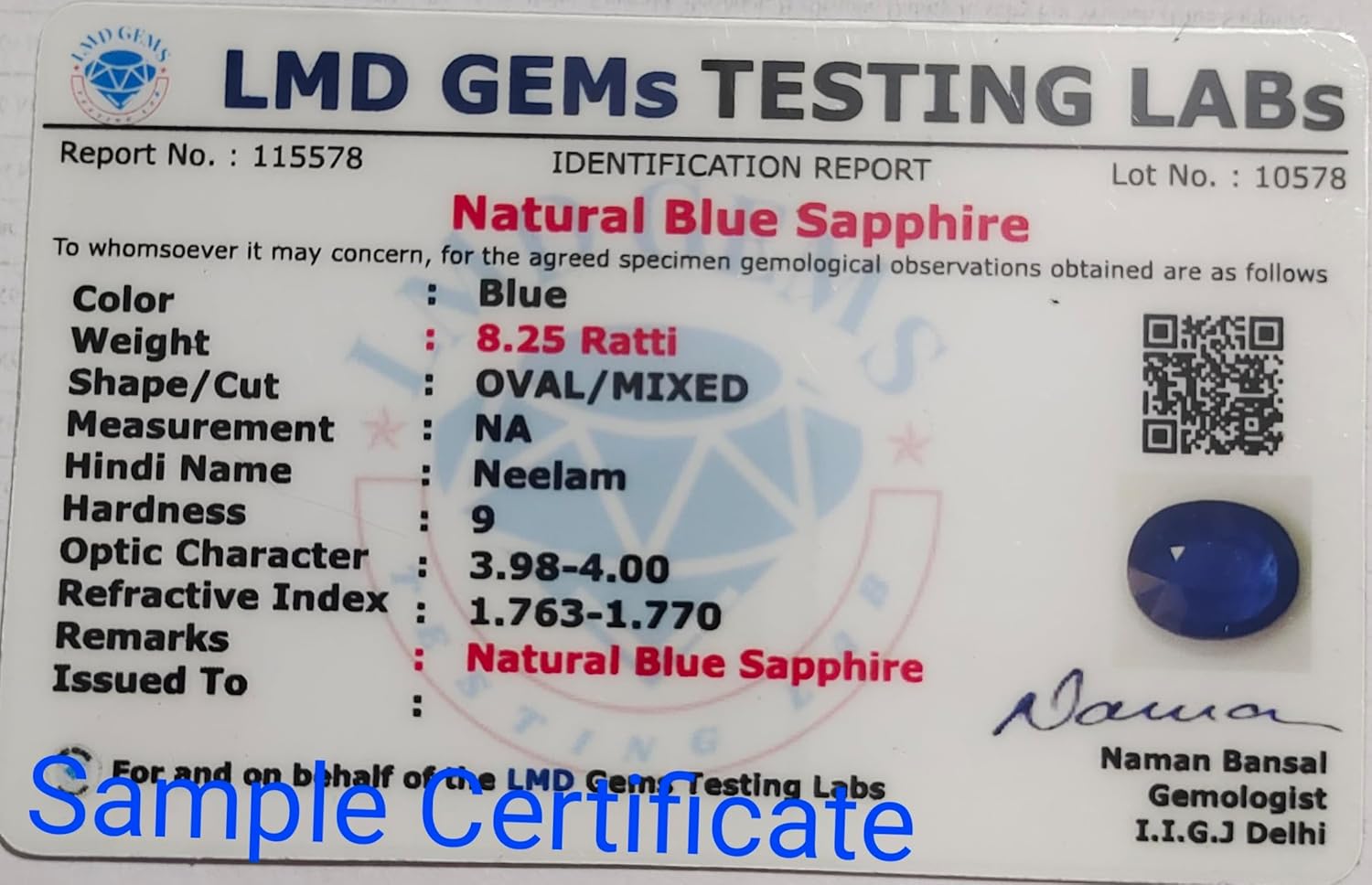 LMDPRAJAPATIS Natural (bangkok Neelam) Blue Sapphire 2.00 Carat Oval Shape Loose Gemstone