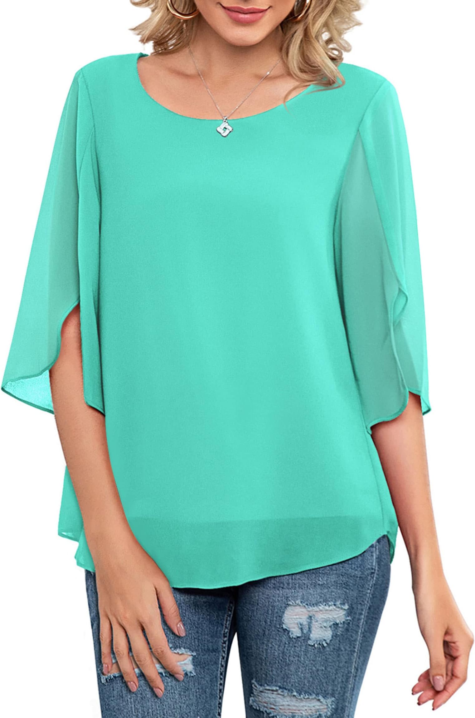 Neineiwu Womens Casual Scoop Neck Loose Top 3/4 Sleeve Chiffon Blouse Shirt Tops