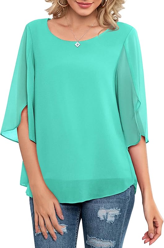 Neineiwu Women's Chiffon Blouse 3/4 Ruffle Sleeve Double-Layer Tops | Scoop Neckline, Two-Layer Fabric, Lightweight, Not See-Through, Floral & Solid, Loose Fit, Perfect for Spring, Summer, Fall