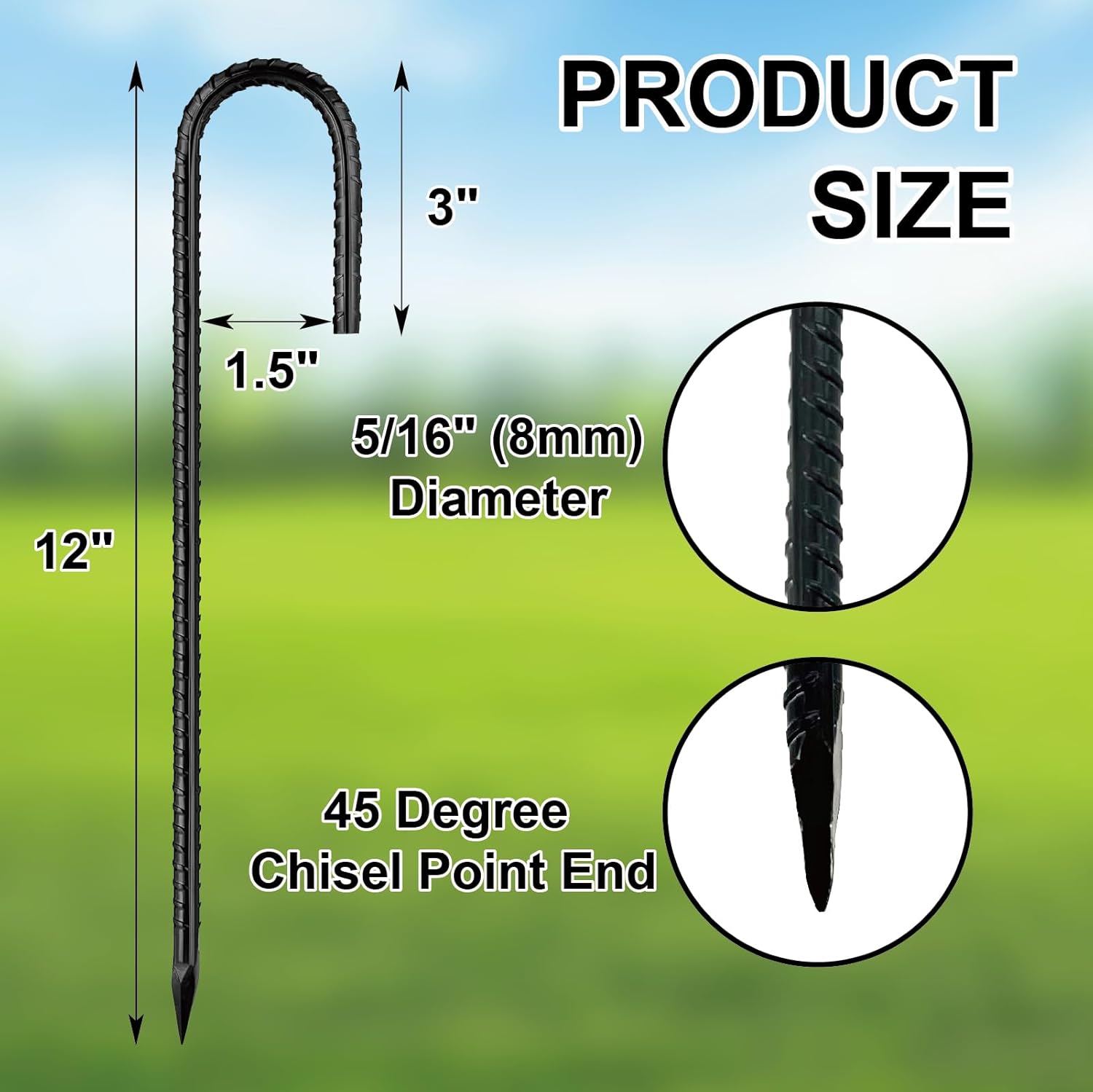 16 Pack 12 Inch Garden Ground Stakes, J Hook Rebar Stakes, Heavy Duty Steel Ground Anchors, for Tents, Fence, Trampoline and Outdoor Decoration