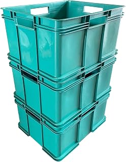 3 x 28 Litre Unibox Industrial Stacking Plastic Storage Boxes Containers Crates (Green)