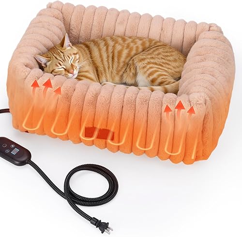 Cama Calefactada para Gatos para Interiores, Cama para Mascotas con 6 Ajustes de Temperatura y 5 Ajustes de Temporizador, Sofá Esponjoso para Gatos