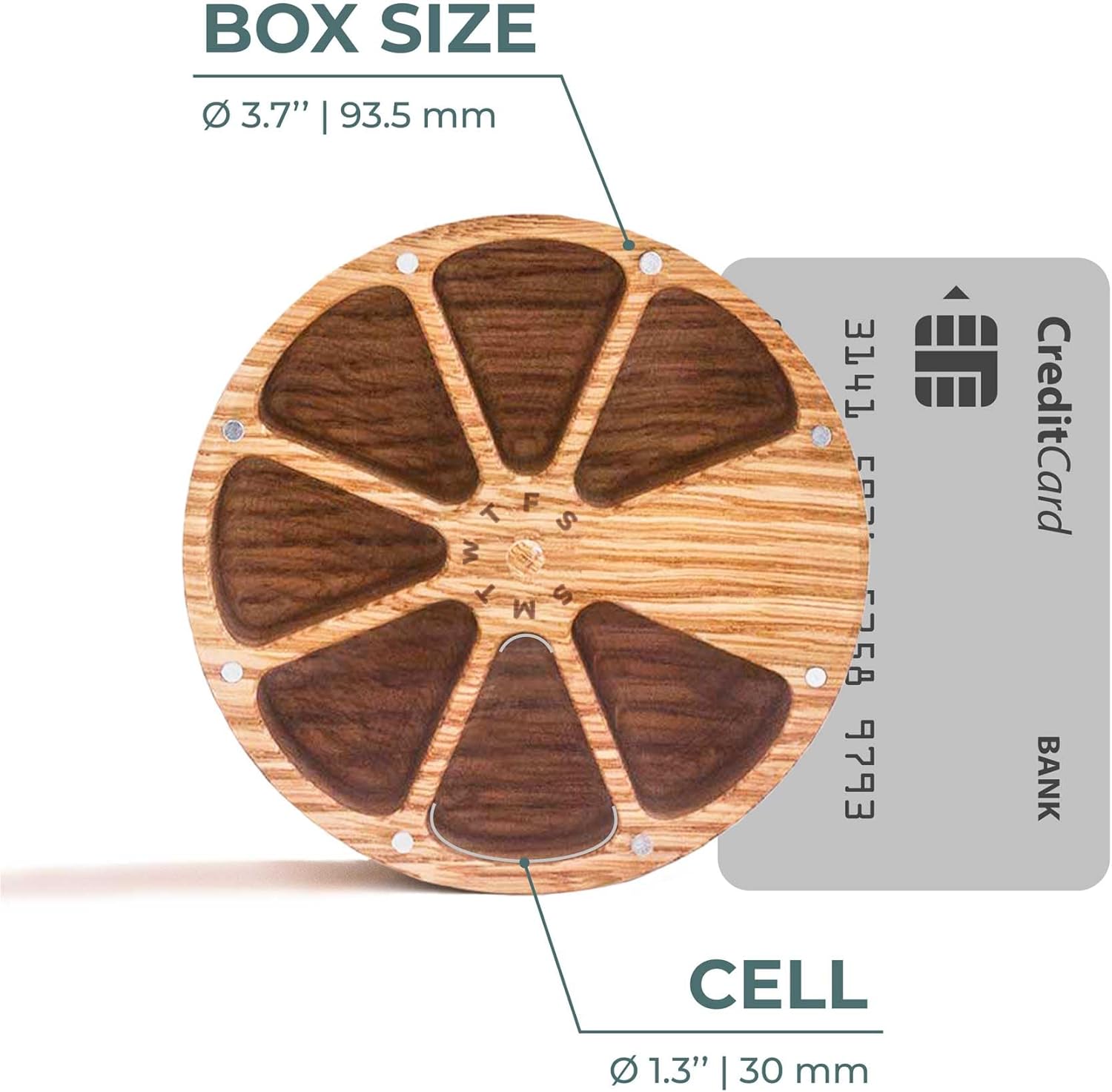 Makety Wooden Weekly Pill Organizer - 7 Day Round Pill Box with Magnetic Lid, Compact Travel Medicine Holder - Natural Oak Wood