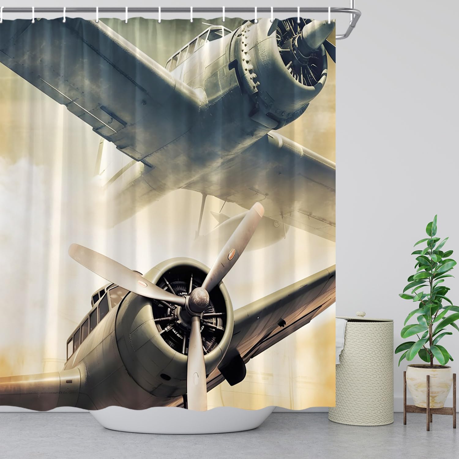 Wasserdichter Duschvorhang Vintage-Flugzeug Design – 183 X 198 Cm, Maschinenwaschbar, Militär-Look