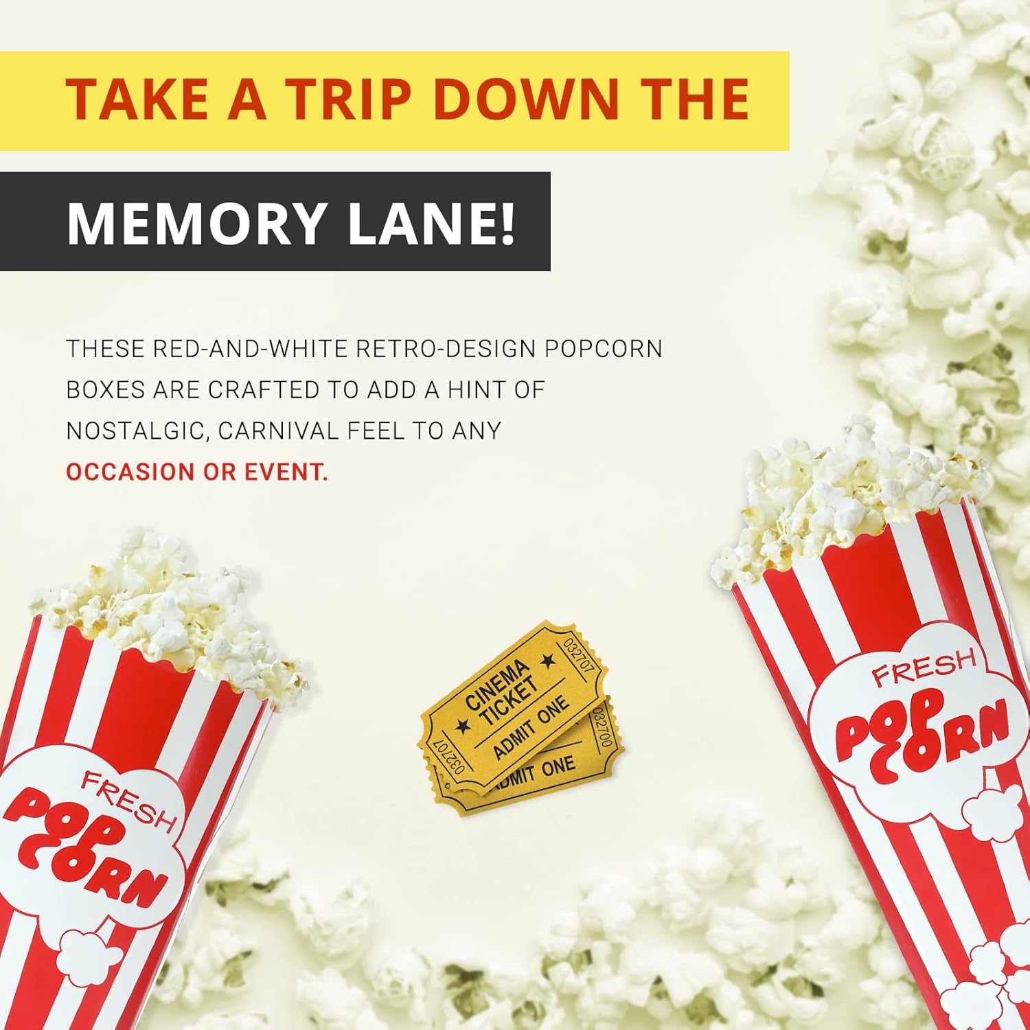 110 Movie Night Popcorn Paper Boxes Buckets 7.75 Inches Tall Large Box & Holds 46 Oz Old Fashion Vintage Retro Party Design Red & White Colored Nostalgic Carnival Stripes Bags & Tubs various qty avail