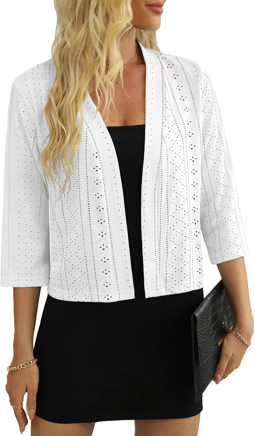 Women's 3/4 Sleeve Cropped Cardigan Lightweight Open Front Shrug Cardigans (White, M) - Image 2