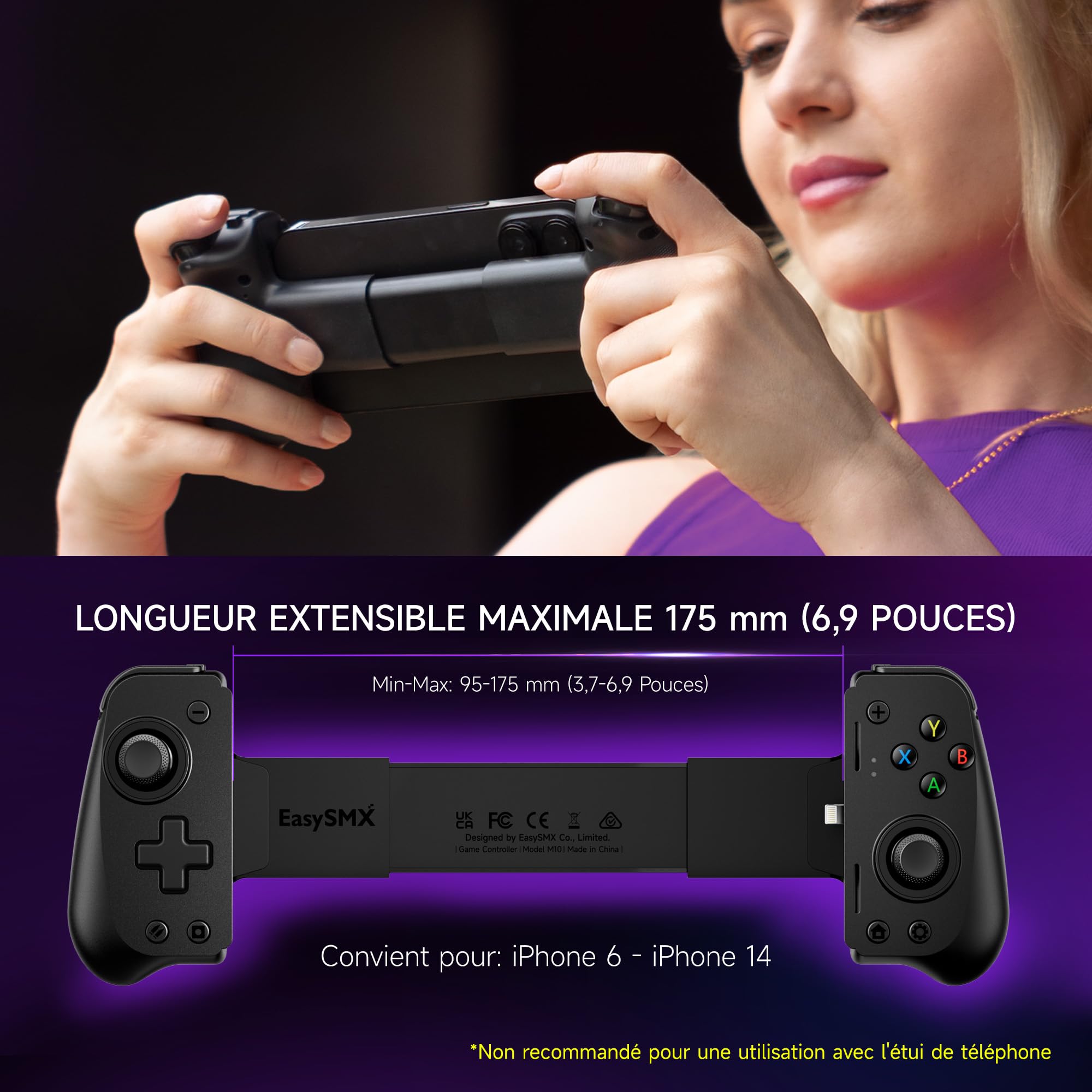 EasySMX M10 Manette Mobile pour iPhone IOS (Lightning), Manette Téléphone Manette de Jeu pour Xbox, PlayStation, Call of Duty, Roblox etc, Chargement Passthrough, Noir