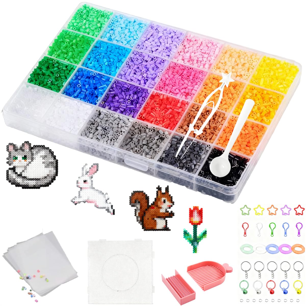 Fuse Beads 12000PCS Perler Beads, Iron Bead for 2.6mm 24 Colors, Includes Five Iron-on Transfer Sheets, Keychain SetDIY Creative Handmade Crafts (with Scale Lines)