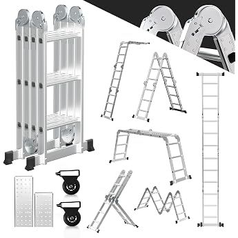 3.6 m Aluminium Multi-Purpose Ladder 4 x 3 Steps Multifunctional Ladder with Platform Aluminium Ladder with 2 Scaffolding Plates Folding Ladder 16 Steps Step Ladder up to 150 kg Household Ladder Silver