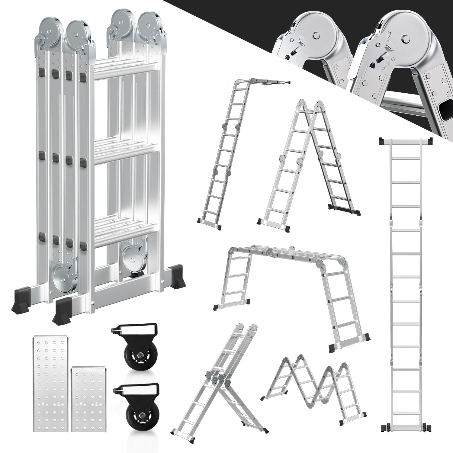Ansobea 3.6M Aluminium Mehrzweckleiter 4x3 Stufen,Multifunktionsleiter mit plattform, Alu Leiter mit 2 Gerüstplatten, Klappleiter 16 Stufen, Trittleiter bis 150 kg, Haushaltsleiter Silber