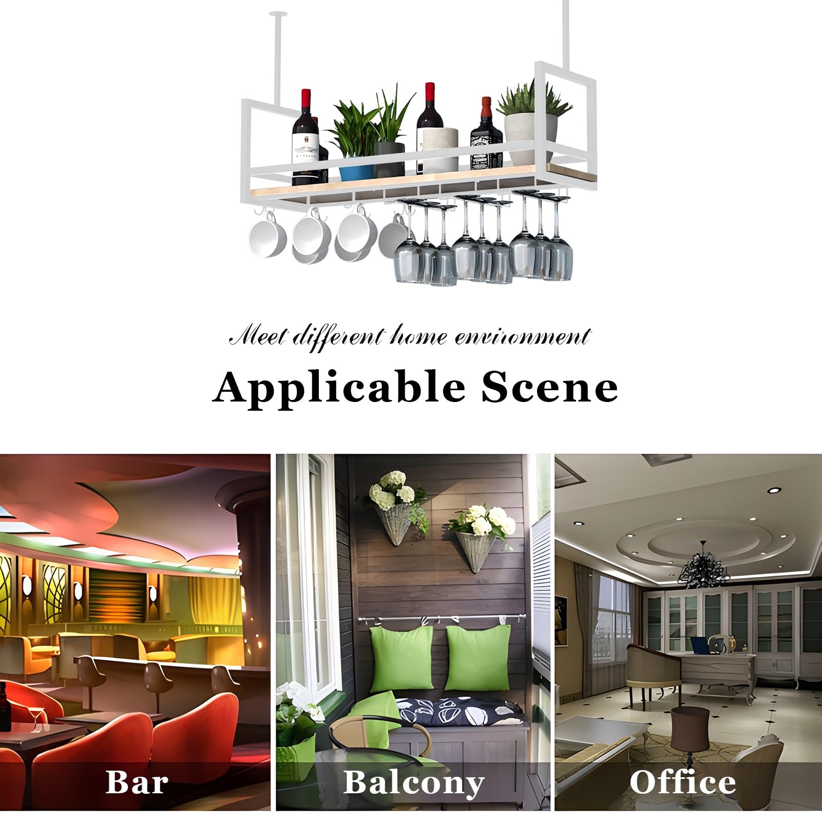 Mensole galleggianti, Mobile Bar sospeso a soffitto con portabottiglie e Supporto per Bicchieri capovolti, espositore Decorativo per Piante e Libri, Ideale per Bar, caffè e Cucina (Dimension