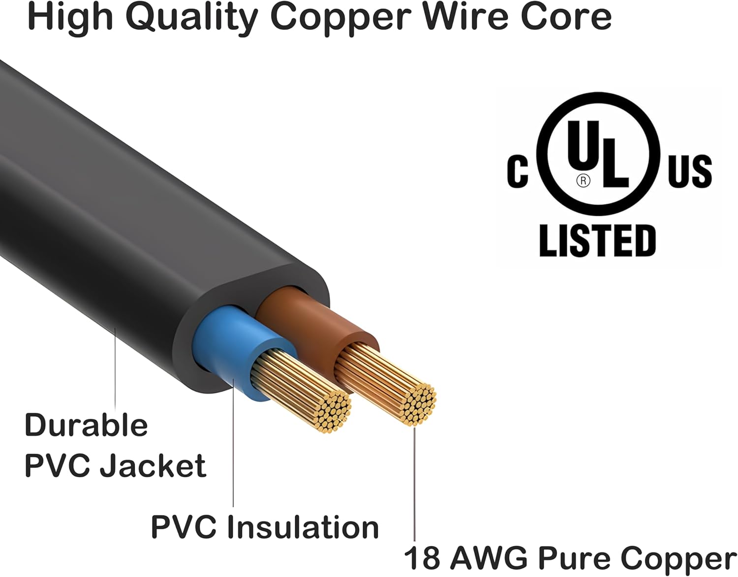 2 Prong Extension Cord, US Male and Female Power Cable (1 Pack, Black, 5 Feet)