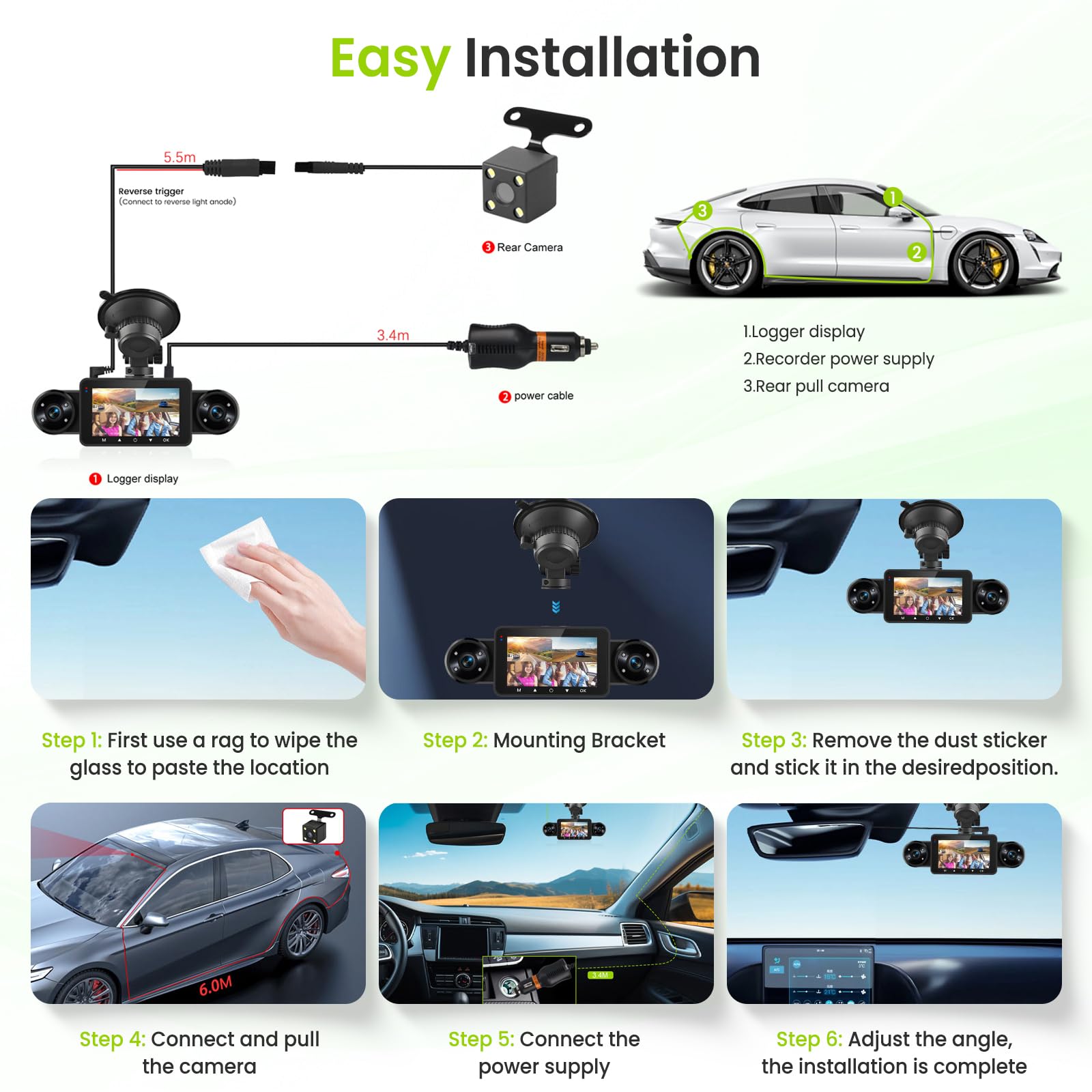 Hodozzy 4 Canales Dashcam, 1080P 360° Cámara de Coche Delantera y Trasera Interior con Grabación en Bucle, Visión Nocturna, Sensor G, Modo Aparcamiento, Compensación de Exposición TF y Dsah Cámara