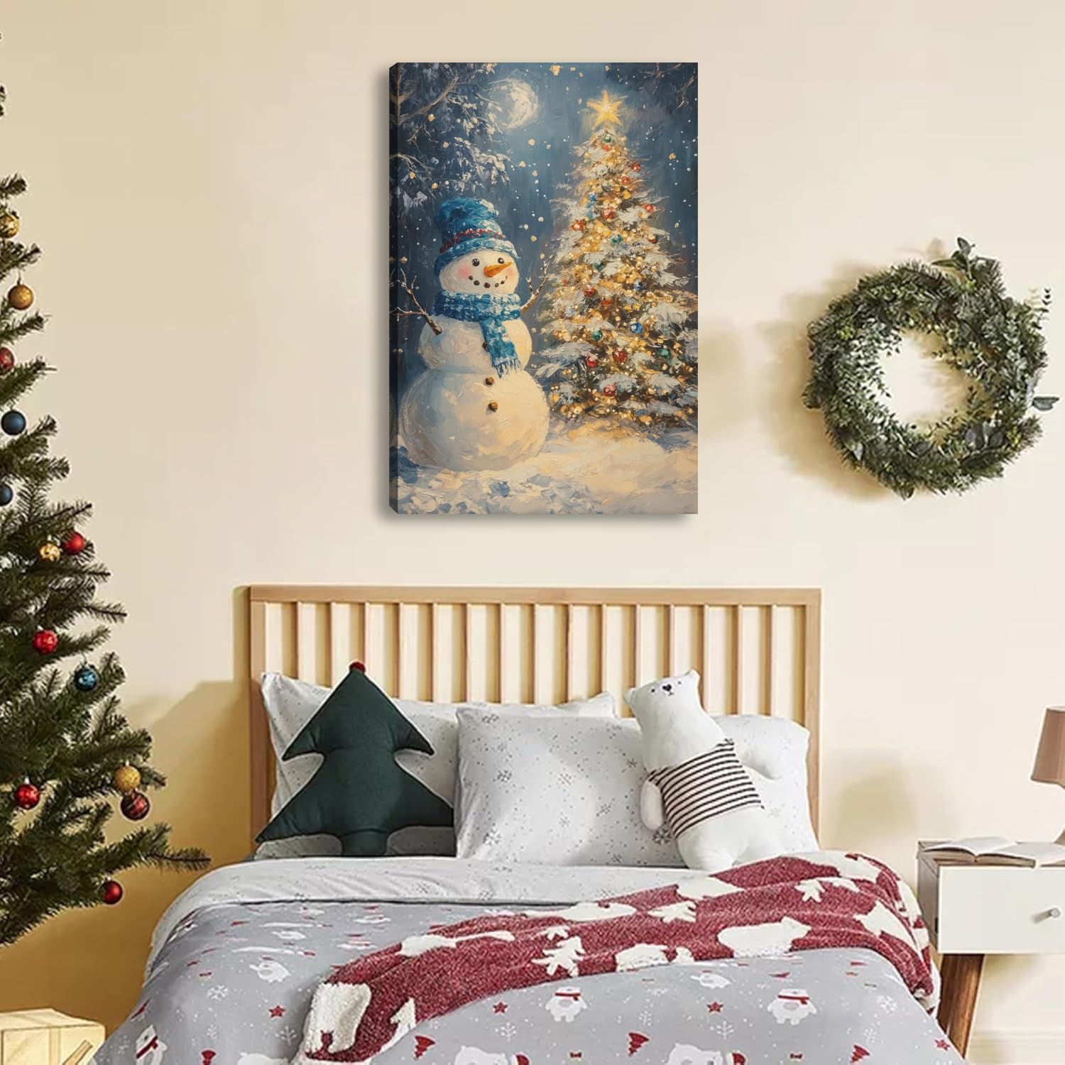 Christmas Tree Canvas Wall Art Winter Snowman Painting Poster Christmas Tree and Snowman Wall Decor Christmas Picture for Wall Living Room Bathroom Bedroom Home Decoration 12*18 in ( Stretched Canvas on A Wooden Frame)