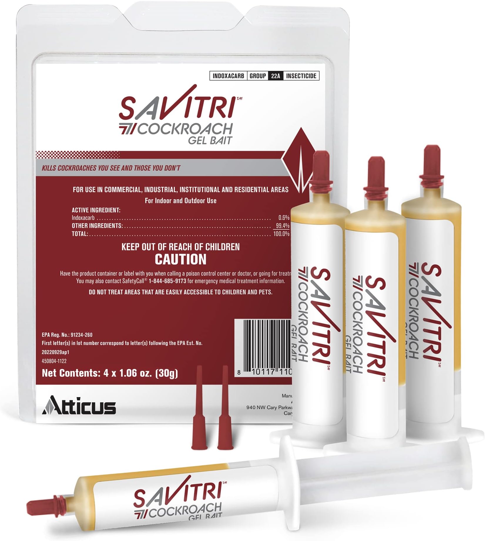 Atticus Savitri Cockroach Gel Bait (4 Tubes x 30-Grams) - Ready to Use Roach Control for Indoor and Outdoors - Indoxacarb