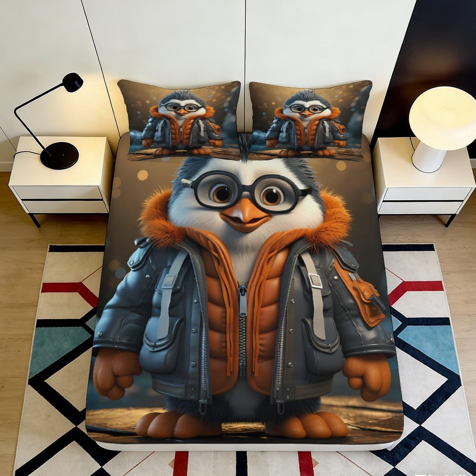 3D Printed Penguin Cartoon Fitted Sheet Microfiber Soft Breathable Animal Bed Cover for Bedroom Dorm Decor 90x200x25cm
