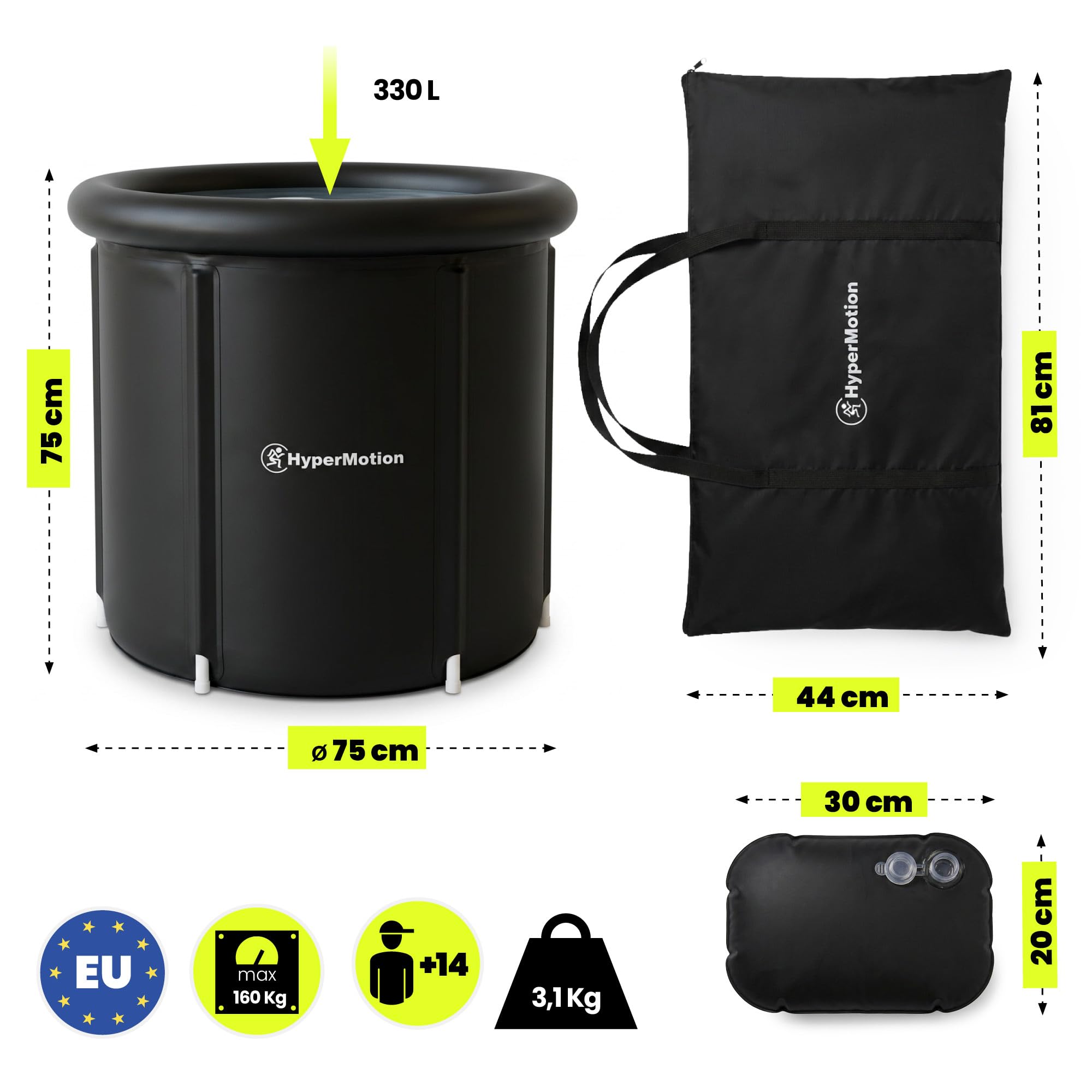 HyperMotion Bañera Morsada 330 L Plegable Cold Plunge Negra | Cuchara de hielo portátil con tapa aislante térmica, bomba, bolsa de transporte, desagüe y cojín de asiento