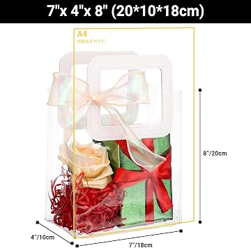 EUSOAR Clear Gift Bags with Handles, 20 Pcs 7x4x8 Small Tote Goodie Bag Bulk PVC with Champagne Ribbon, Shopping Graduation Gift Wrap Bags for Groceries Candy School Birthday Wedding Valentines