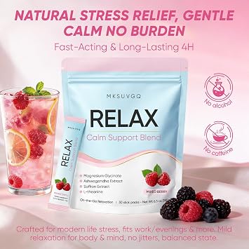 Relax Calming Drink Mix, Adaptogenic Stress Relief & Relaxation Powder with Ashwagandha & L-Theanine | Mixed Berry Flavors, No Sugar, 30 Stick Packs