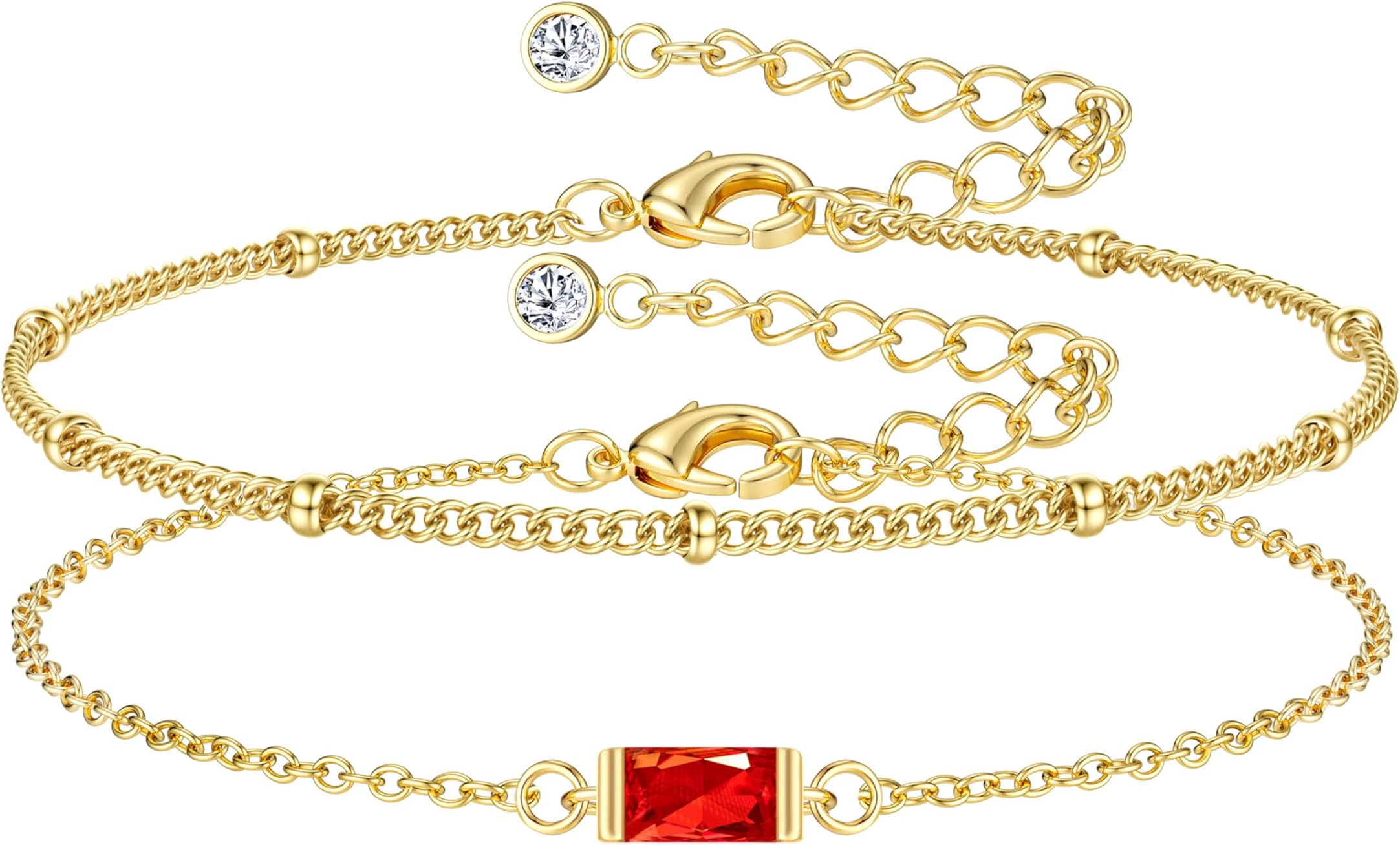 2 PCS Gold Bracelets for Women Adjustable 18K Gold Plated Birthstone Bracelet Jewellery Layered Friendship Bracelet Charm Bracelets Stack for Girls