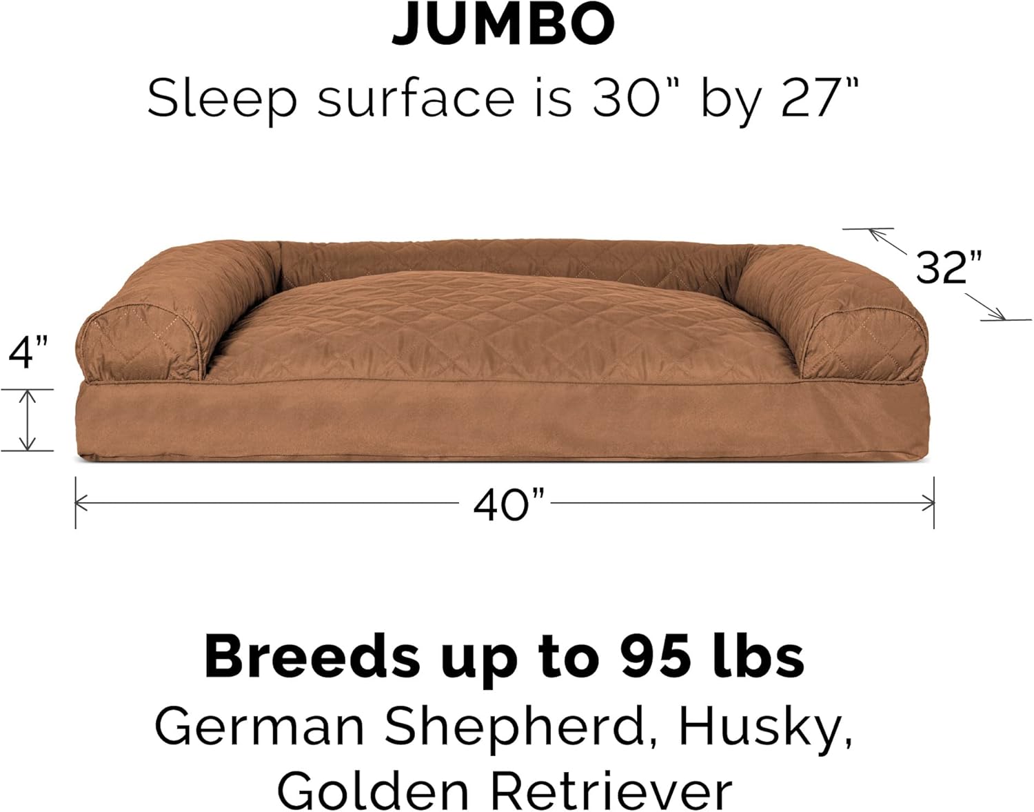 Furhaven Pillow Dog Bed for Large Dogs w/ Removable Bolsters & Washable Cover - Quilted Sofa - Toasted Brown, Jumbo/XL