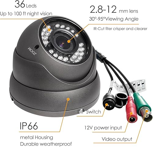 Miniatura 2 de Cámara CCTV analógica HD 1080P 4 en 1 (TVIAHDCVICVBS) Cámara domo de seguridad al aire libre, enfoque manual de 0.110 in-0.472 in, lente varifocal